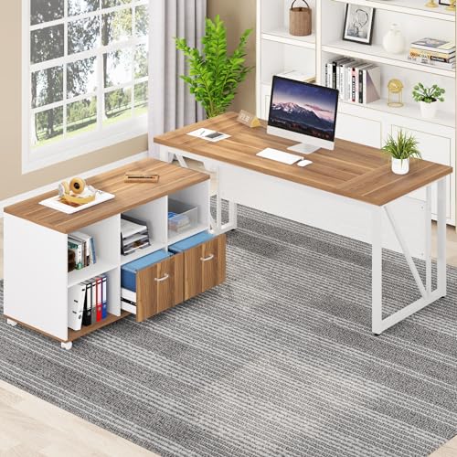 Brown and Black L-Shaped Executive Desk with File Cabinet and Drawers K694262