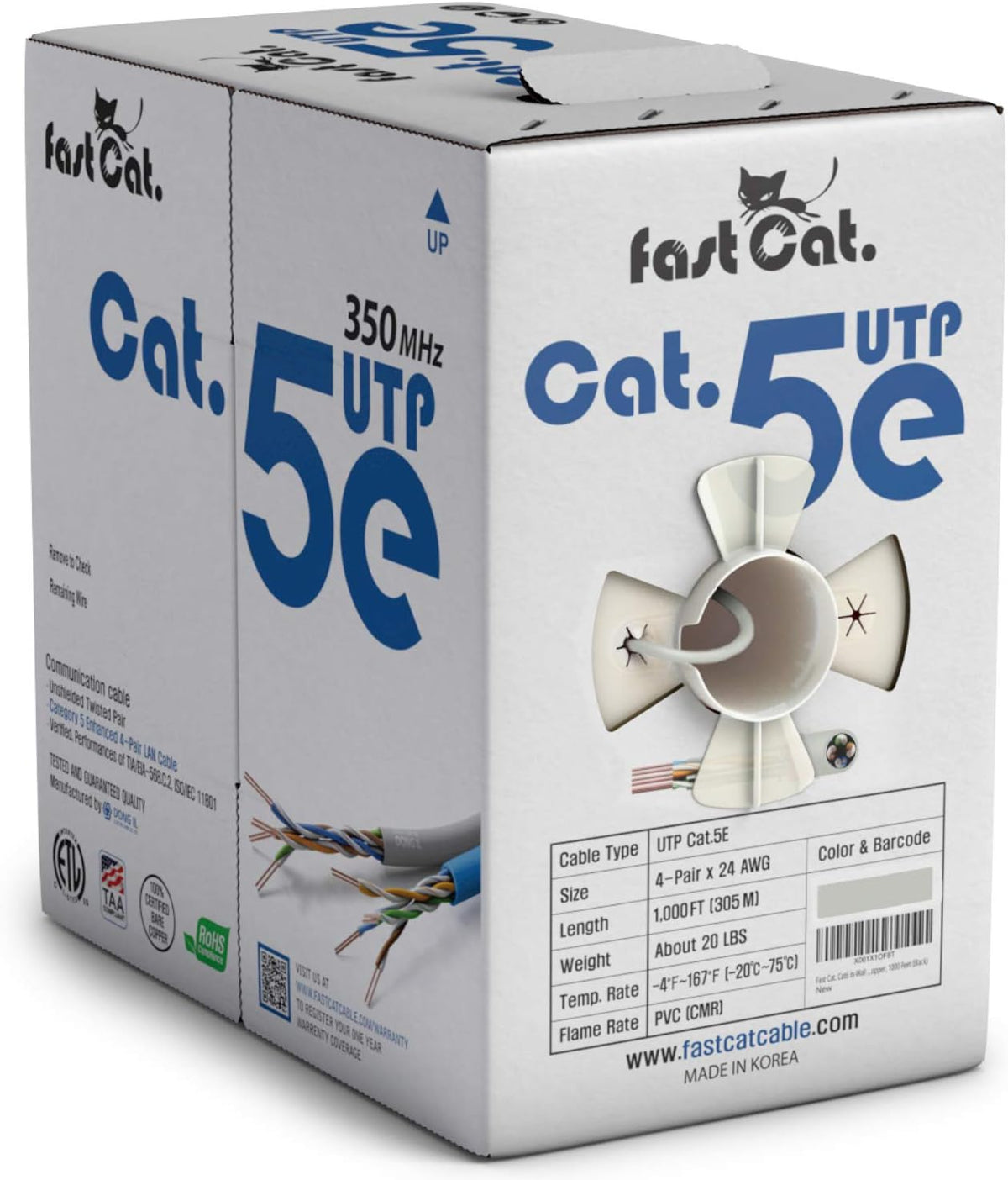 Cat5e Ethernet Cable 1000ft 24 AWG Bare Copper White Q7622