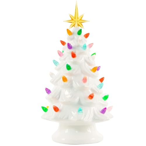 13 Inch Ceramic Christmas Tree with Multicolored LED Lights, Green A2946