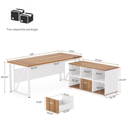 Brown and Black L-Shaped Executive Desk with File Cabinet and Drawers K694262