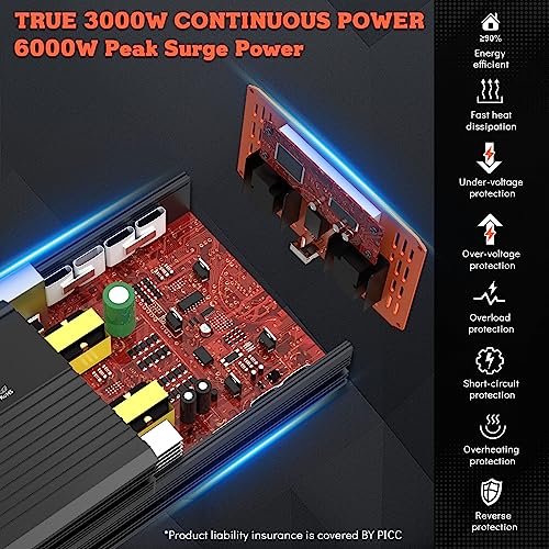3000 Watt Power Inverter, 12V DC to 110V AC Converter, with LED Display, Dual AC Outlets, USB Port Y2566