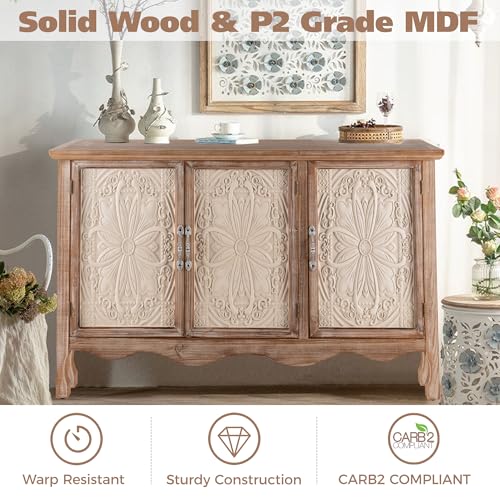 3 Carved Doors Wood Sideboard Cabinet, Wash Grey S7749