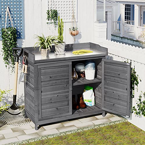 39" Outdoor Wooden Potting Bench Table with 2 Shelves and Storage Cabinet (Black) I54497