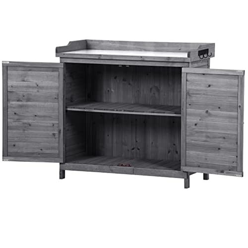 39" Outdoor Wooden Potting Bench Table with 2 Shelves and Storage Cabinet (Black) I54497