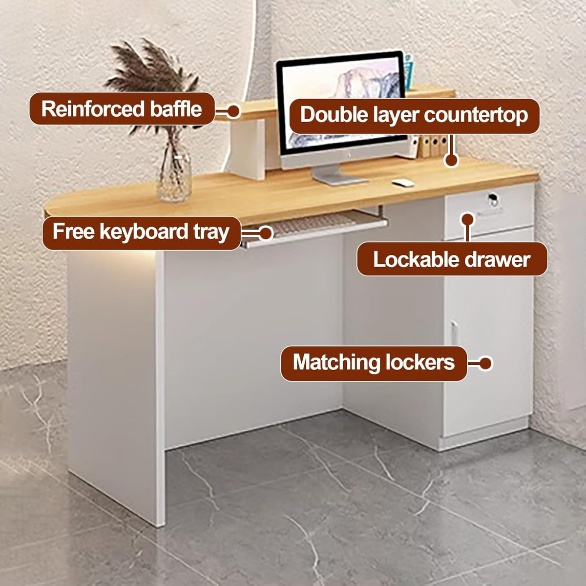 Office Reception Counter Desk with LED Lights and Lockable Drawer G764