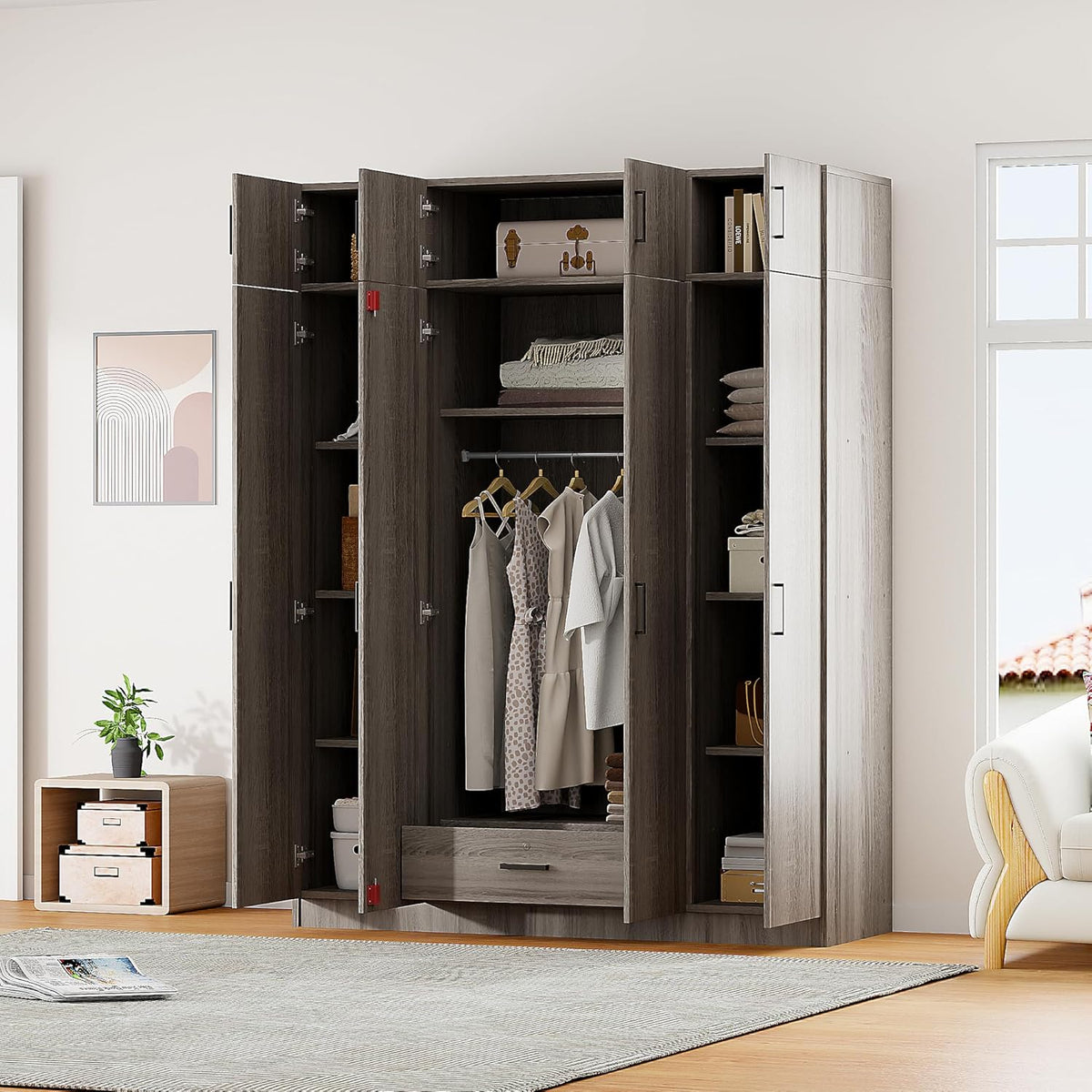 Gray 80.8" H Wooden Armoire Wardrobe with Drawer X43308
