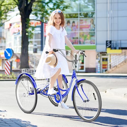 24 Inch Blue 7-Speed Adult Tricycle with Large Basket R123