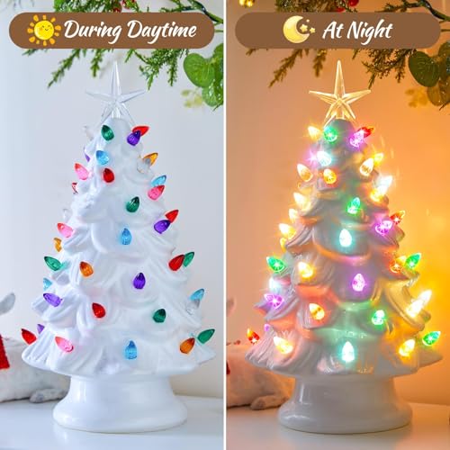 13 Inch Ceramic Christmas Tree with Multicolored LED Lights, Green A2946