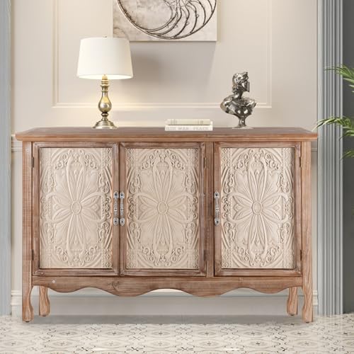 3 Carved Doors Wood Sideboard Cabinet, Wash Grey S7749