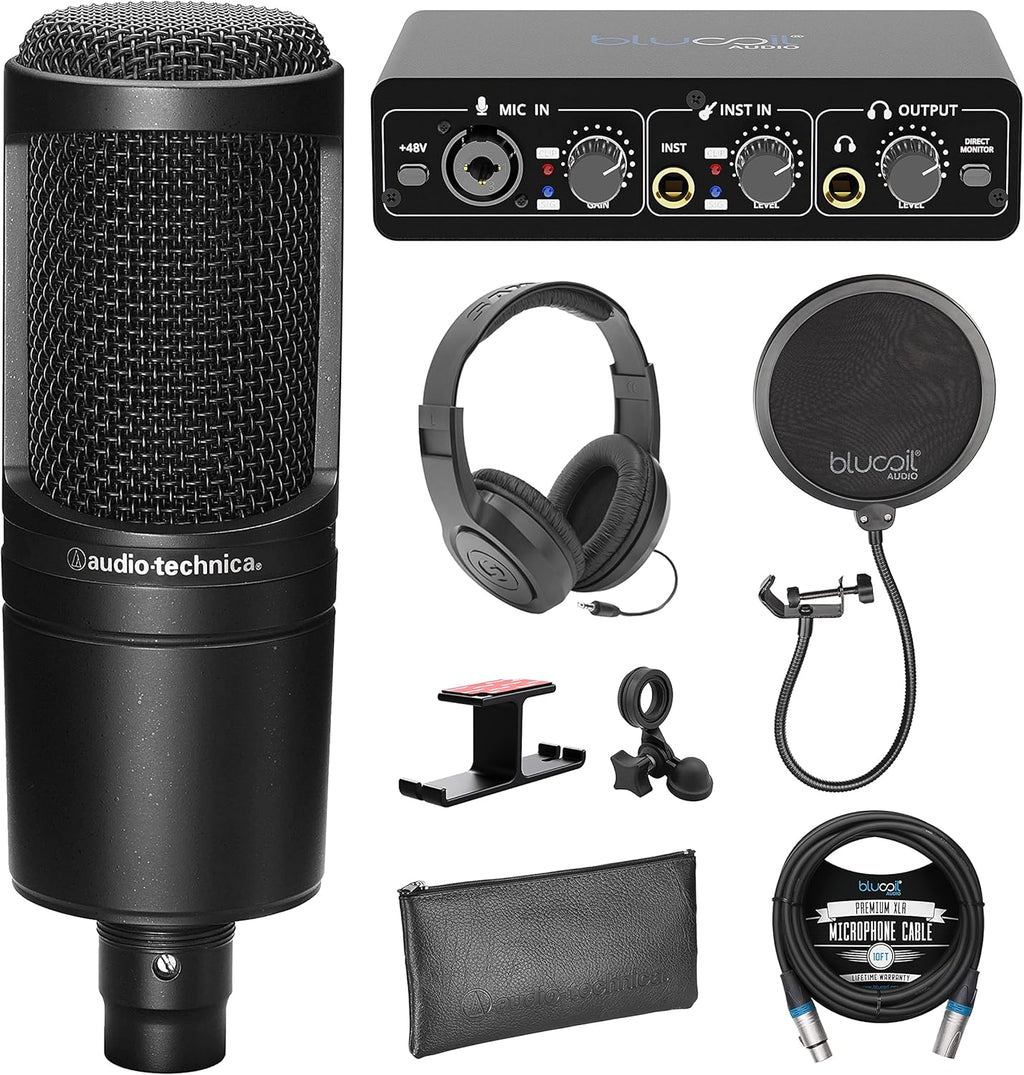 Cardioid Condenser Studio XLR Microphone Bundle with USB Audio Interface, XLR Cable, Pop Filter, Headphone Hook, and Headphones X6185