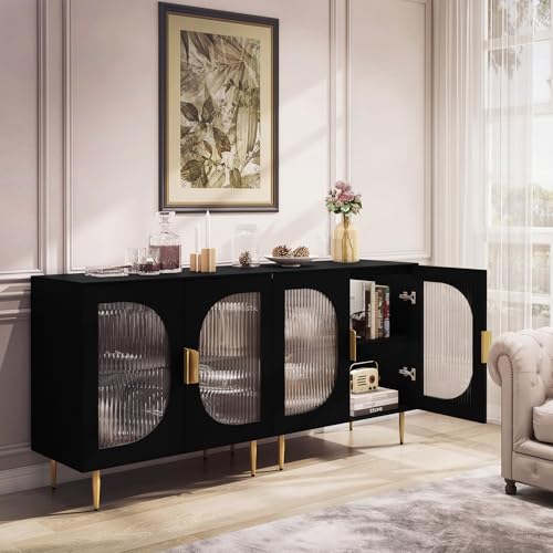 Black Wood Sideboard Cabinet with 4 Glass Doors I2494