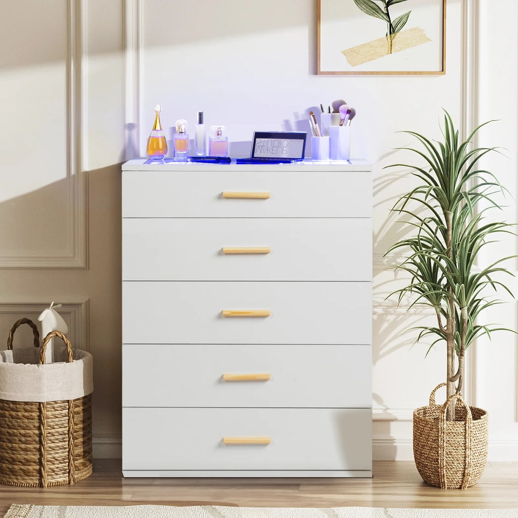 White 5 Drawer Dresser with Tempered Glass Top W83098