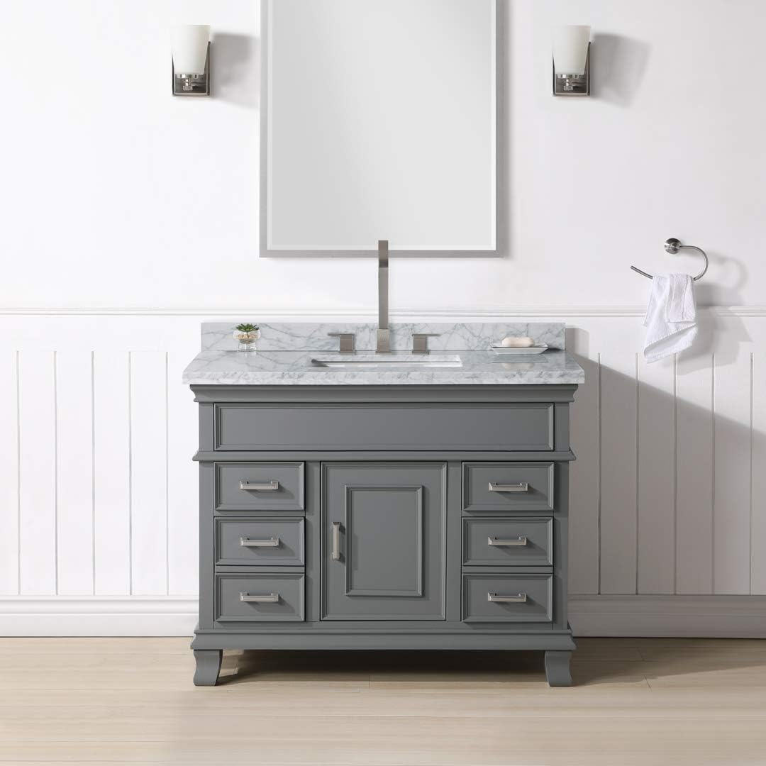 White 42 Inch Bathroom Vanity and Sink Combo with Carrara Marble Countertop F506524