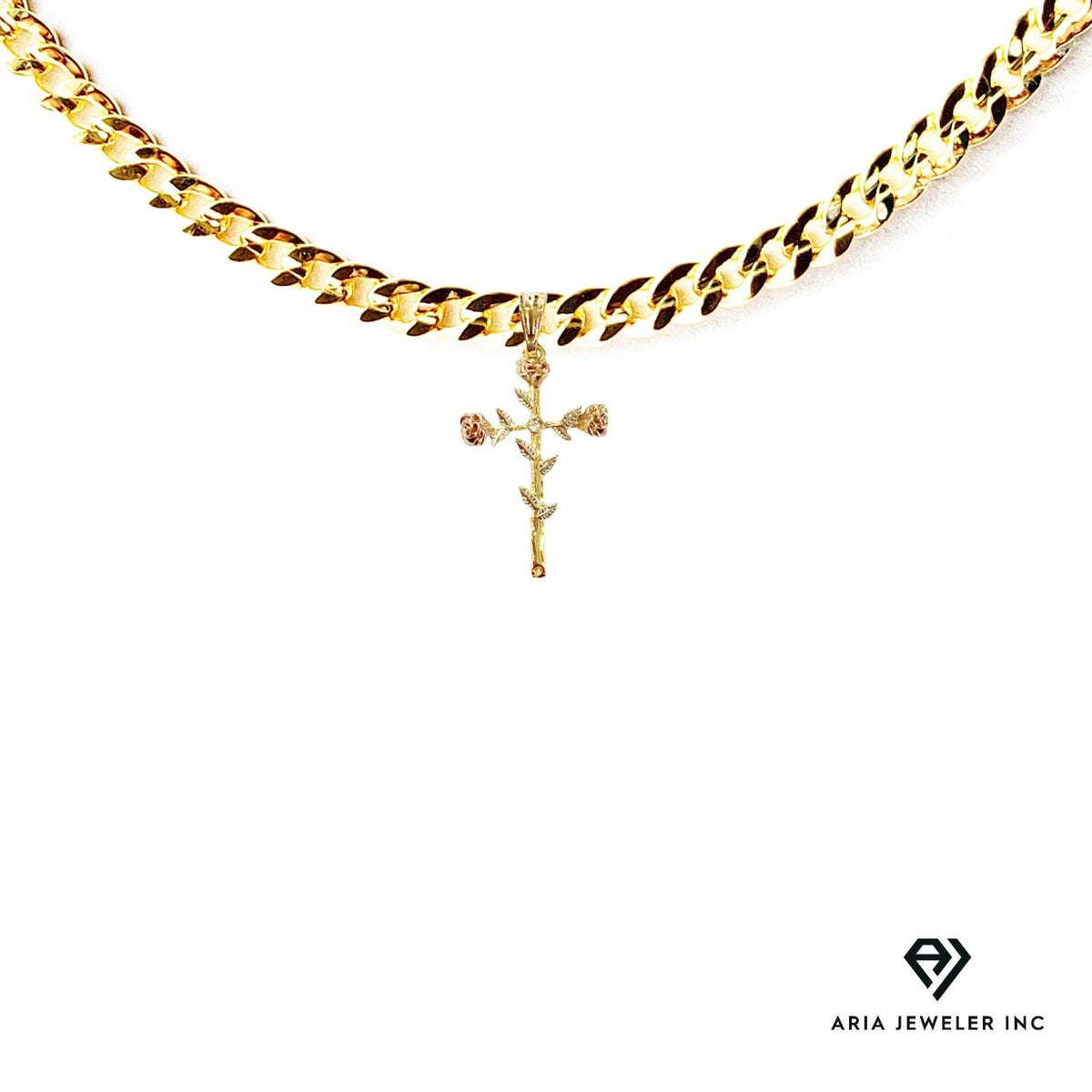14k Bonded Gold Necklace with Rose Cross Pendant, 14K Cuban Chain Necklace G8677
