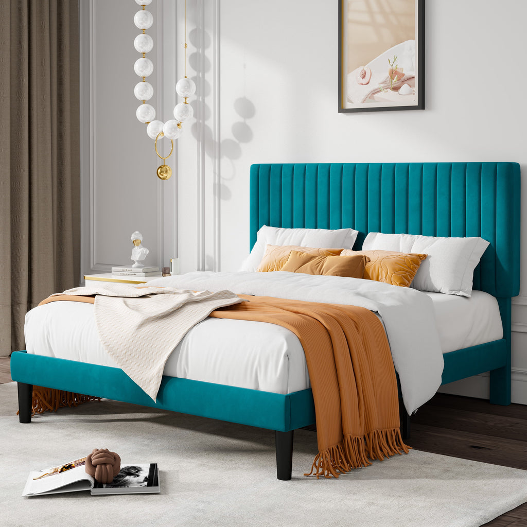 Queen Size Black Velvet Upholstered Platform Bed Frame W138779