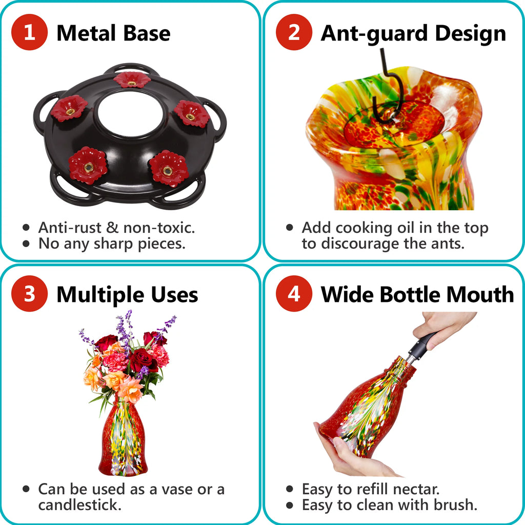 Blown Glass Hummingbird Feeder with Ant Moat A8607