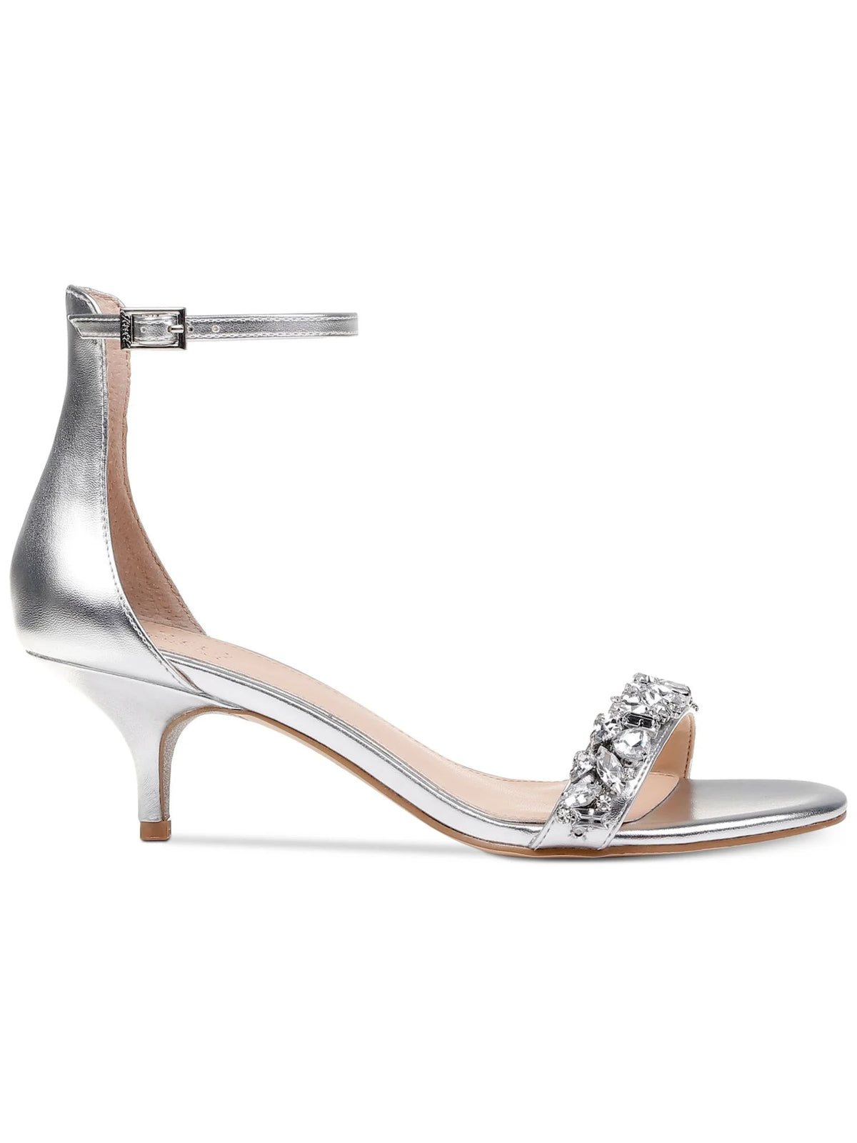 Silver Rhinestone Ankle Strap Kitten Heel Slingback Sandal U359