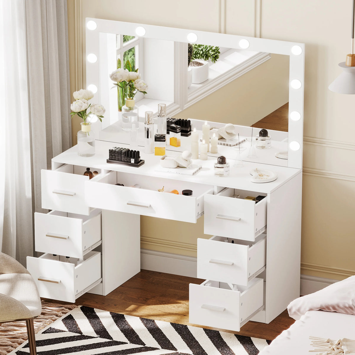 White Makeup Vanity Table with Mirror and 7-Drawer J4073
