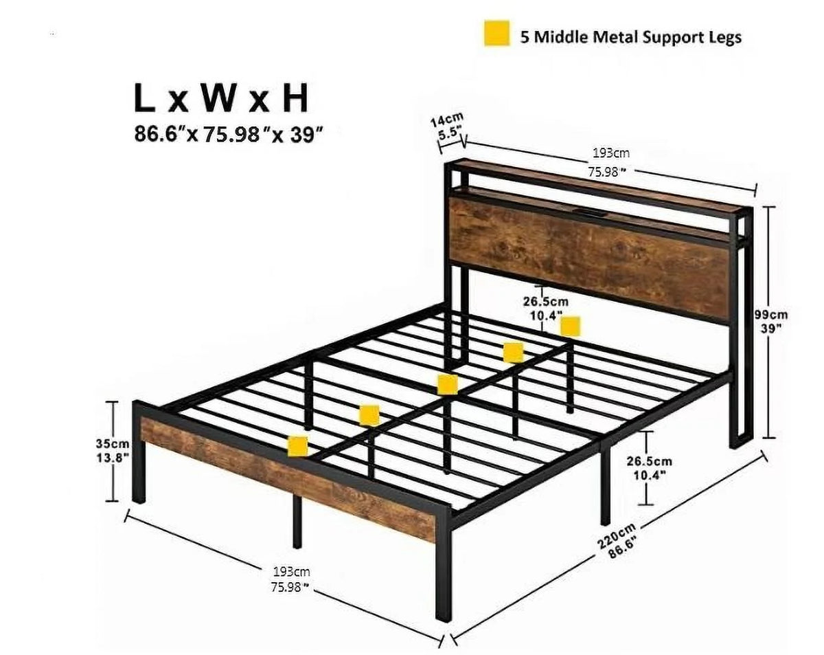 King Size Metal Platform Bed Frame with Wooden Headboard and Footboard D138