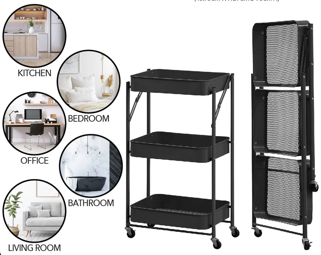 3 Tier Rolling Utility Storage Cart with Wheels, Black Q1562