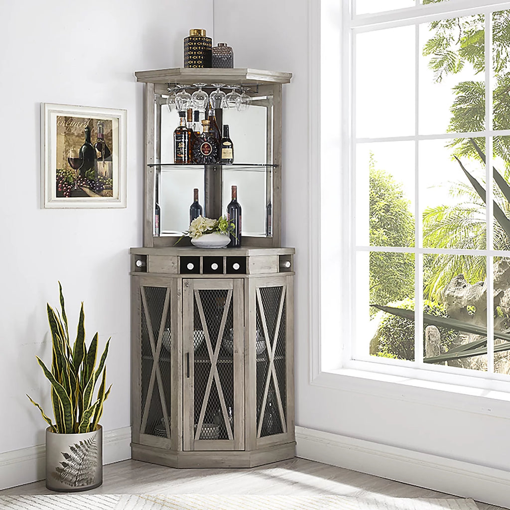 Stone Grey Corner Bar Unit with Wine Rack and Cabinet K4403