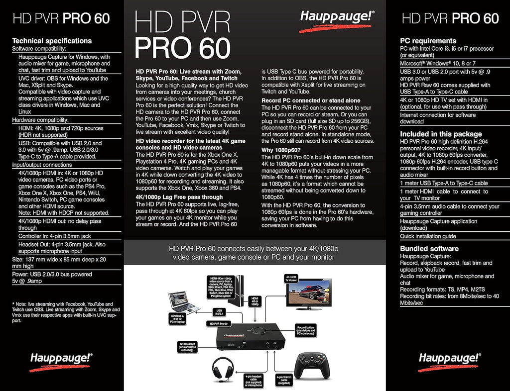 HAUPPAUGE HD PVR Pro 60 HD 4K in/Out 1080P 60fps Capture and Streaming PC Connected and Stand Alone O60910