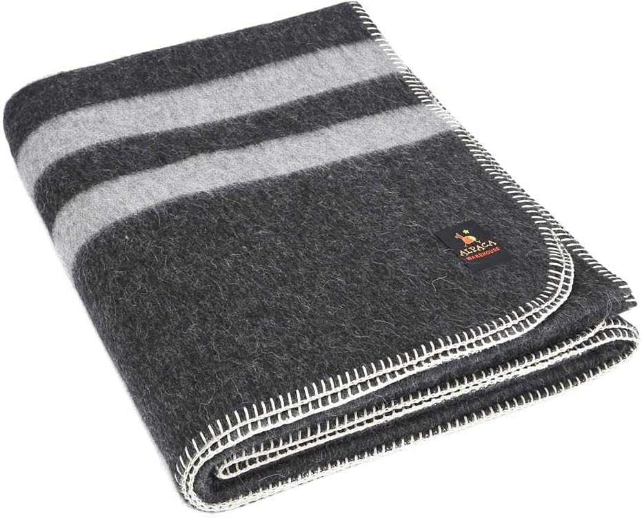 Twin Alpaca Wool Blanket in Orange - Dark Brown Stripes O891677