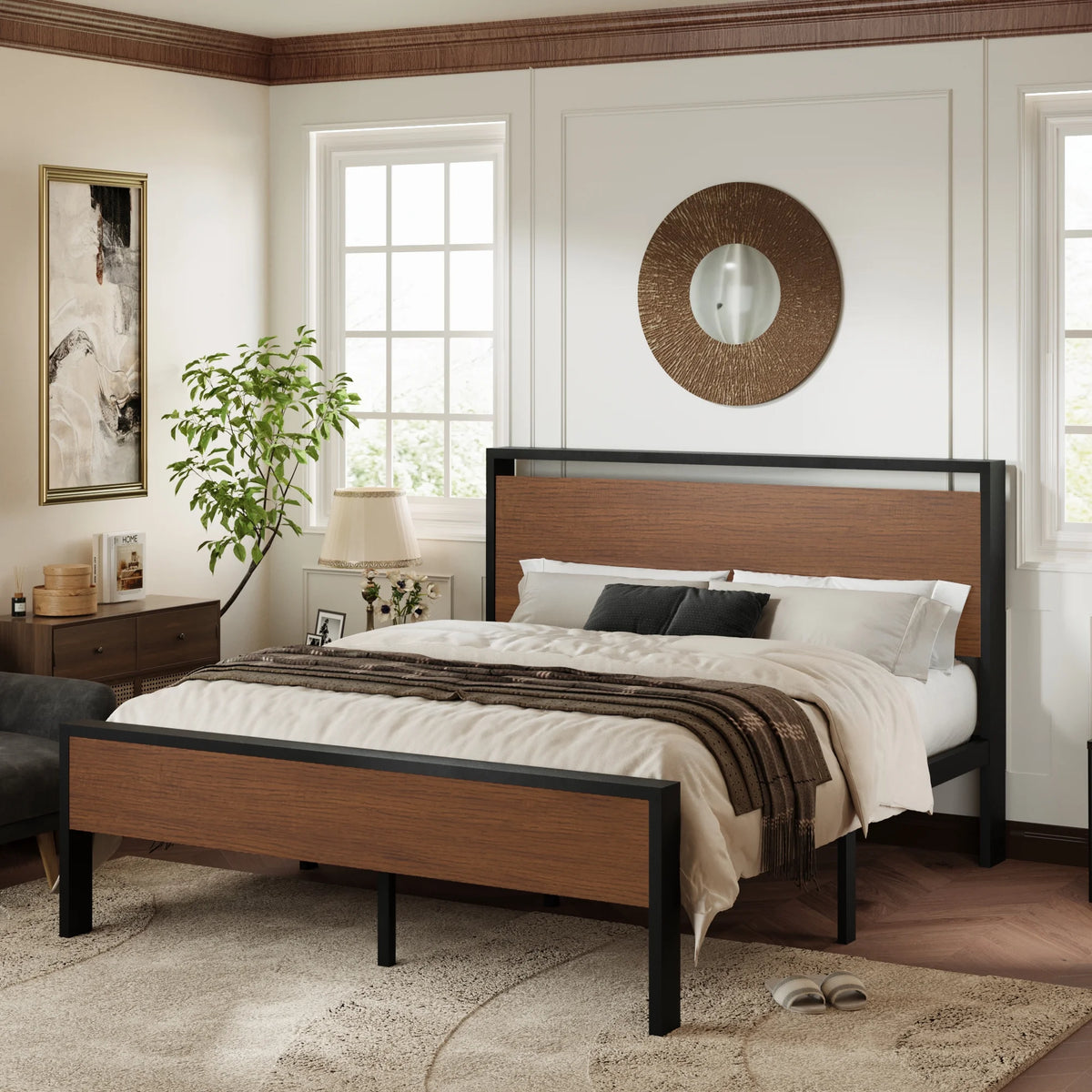 Queen Size Metal Platform Bed Frame with Wood Headboard B376449