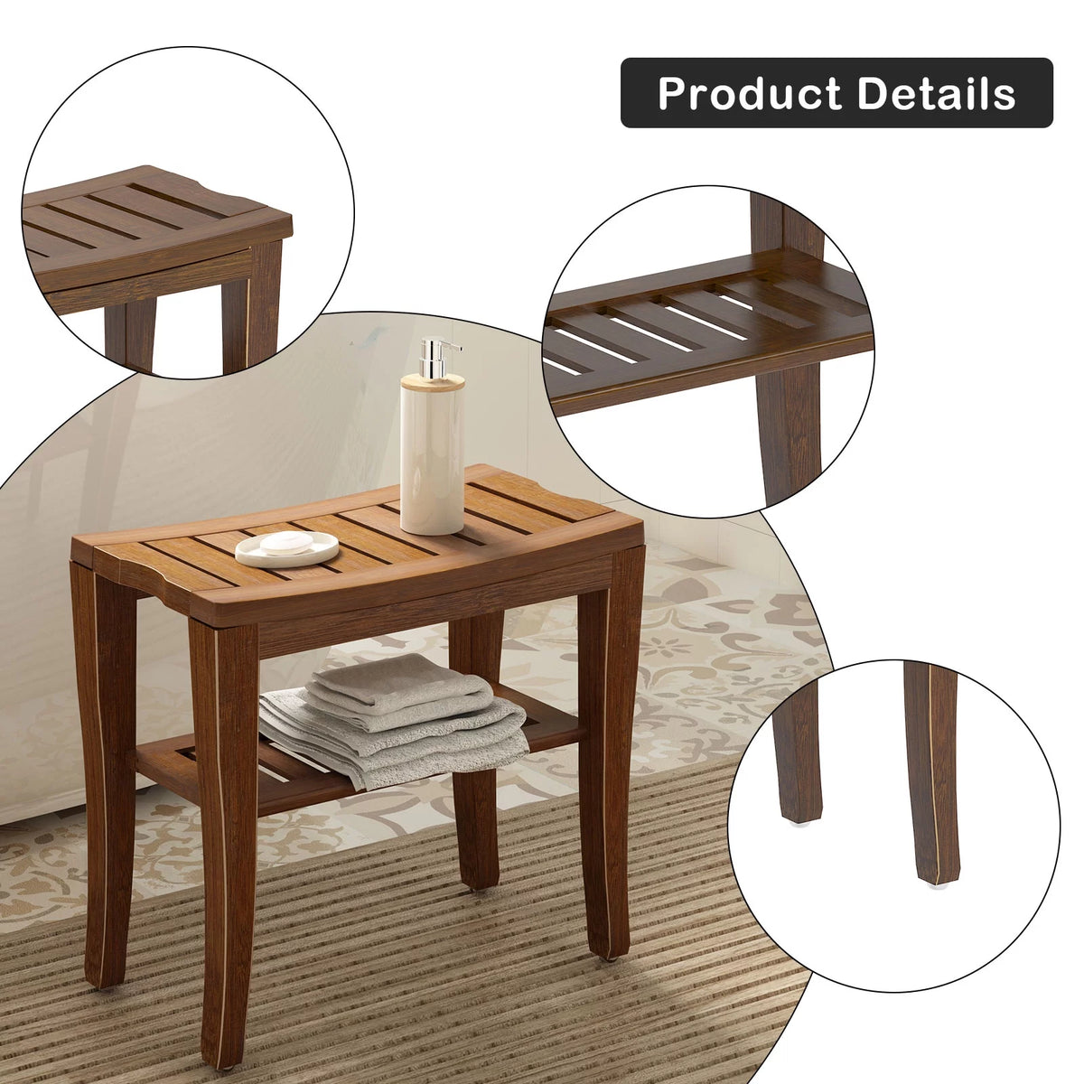Bamboo Wood Non-Slip Shower Bench C218
