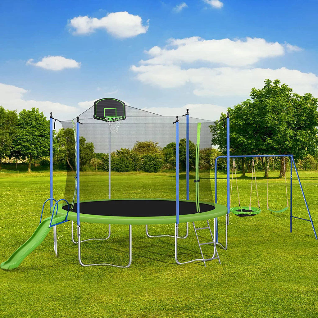 12FT Round Trampoline with Slide and Basketball Hoop U487618