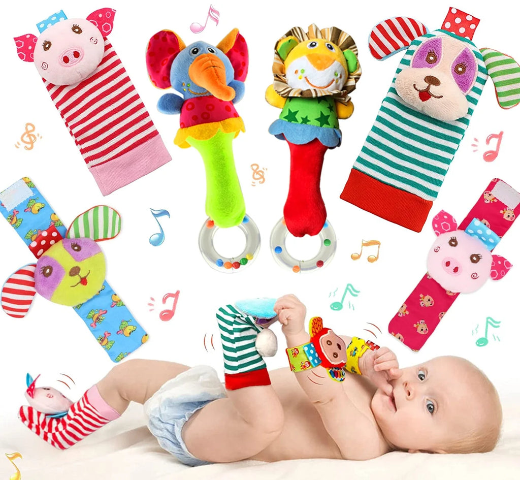 6 Pcs Baby Wrist Rattle & Foot Finder Socks Sensory Toys Soft Plush Animal Doll Newborn Gift E3177