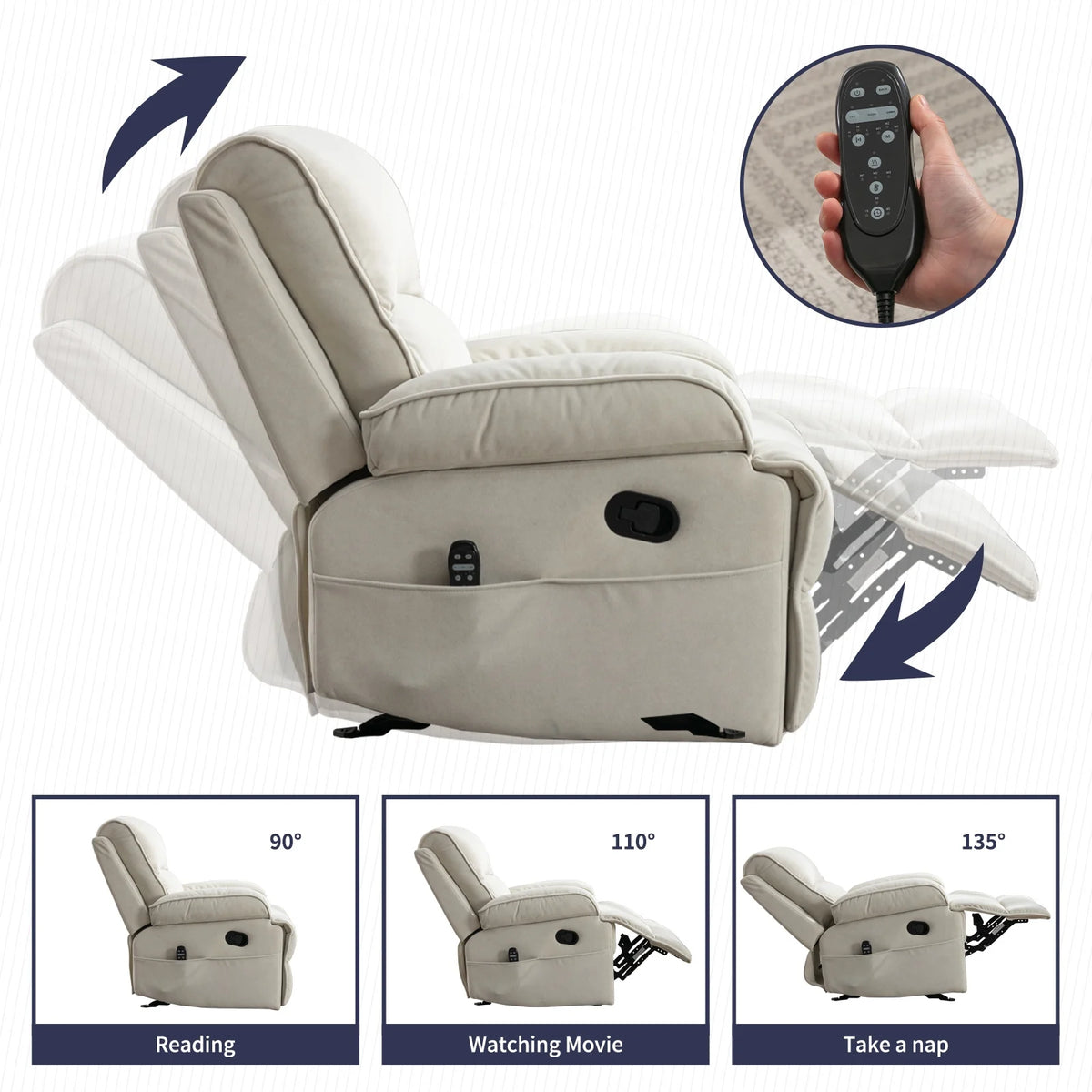 Beige Velour Recliner Chair with Heat Vibration B499
