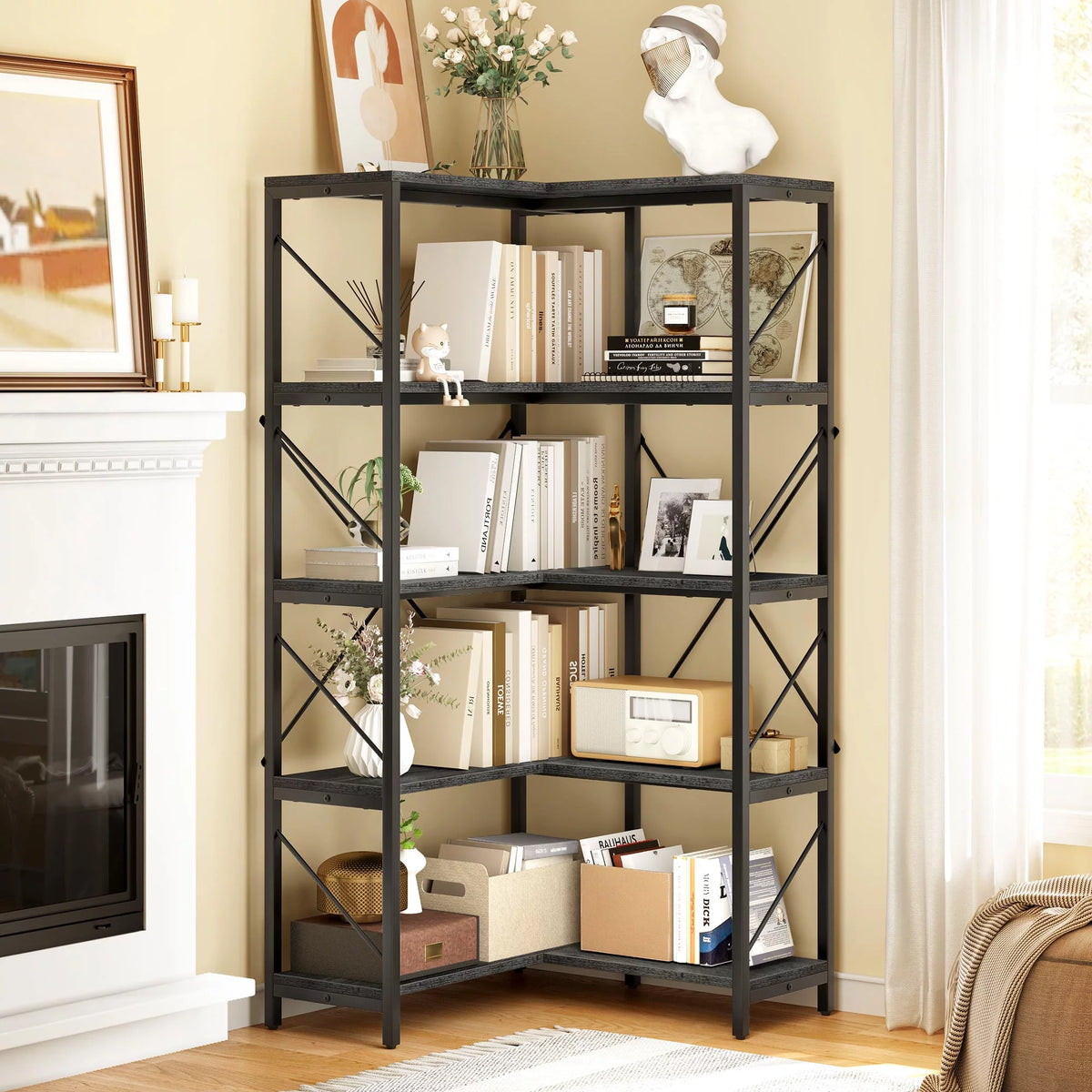 5-Tier L-Shaped Dark Gray Bookcase L3267