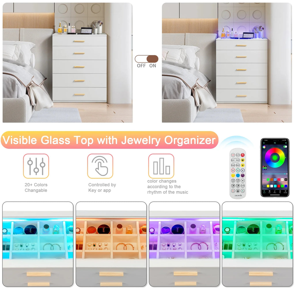 White 5 Drawer Dresser with Tempered Glass Top W83098