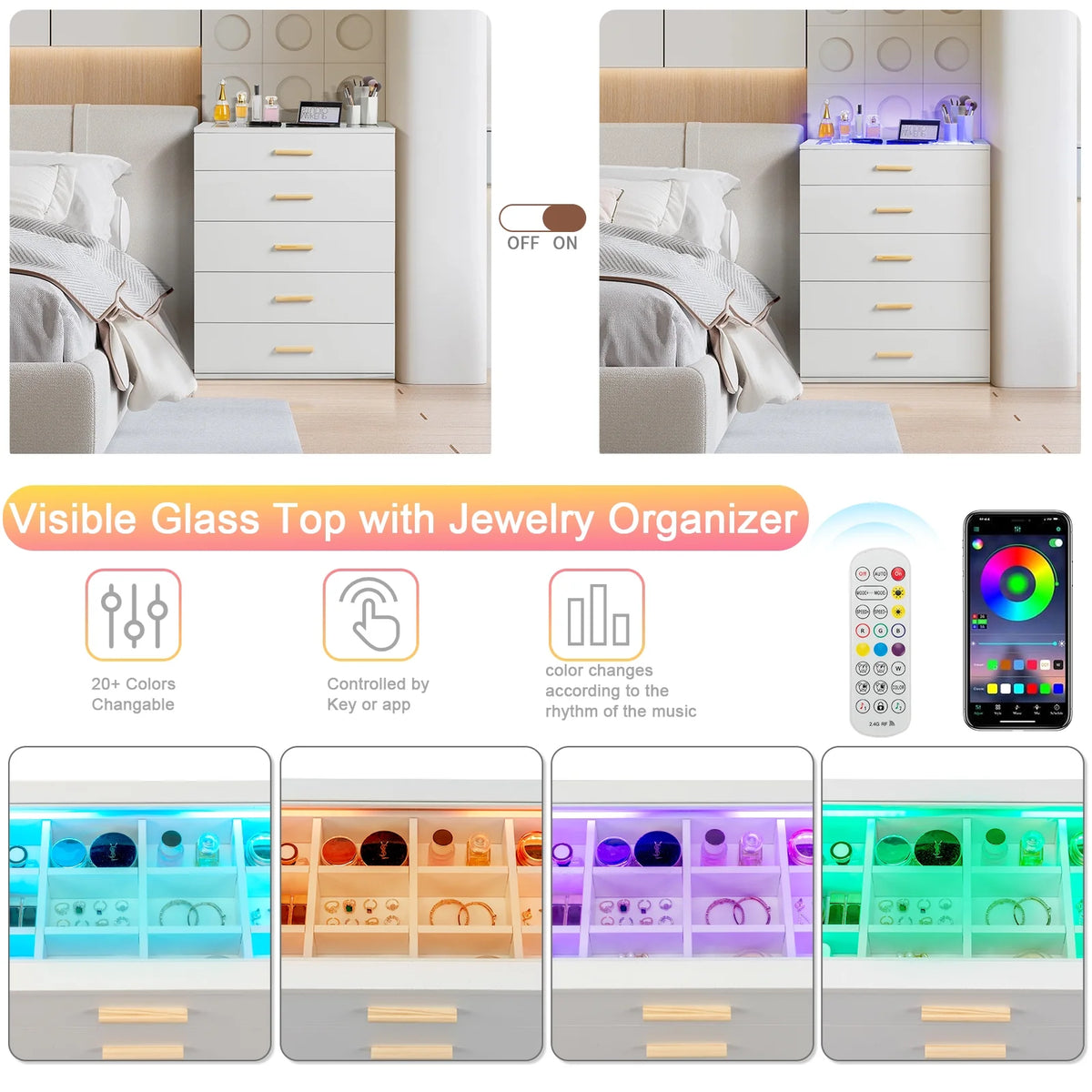 White 5 Drawer Dresser with Tempered Glass Top W83098