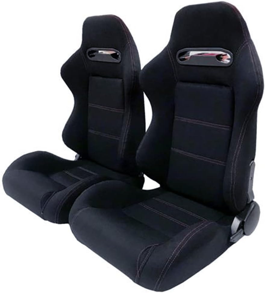 Racing Bucket Seats with Sliders Rails Red Stitch Black Cloth Set of 2 E877316