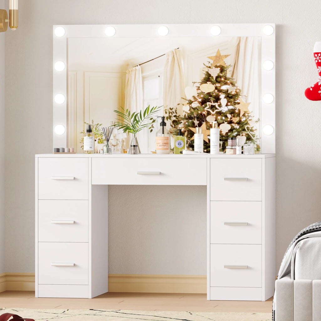 White Makeup Vanity Table with Mirror and 7-Drawer J4073