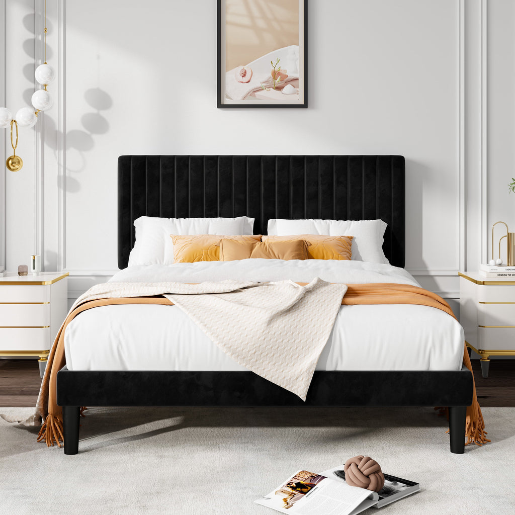 Queen Size Black Velvet Upholstered Platform Bed Frame W138779
