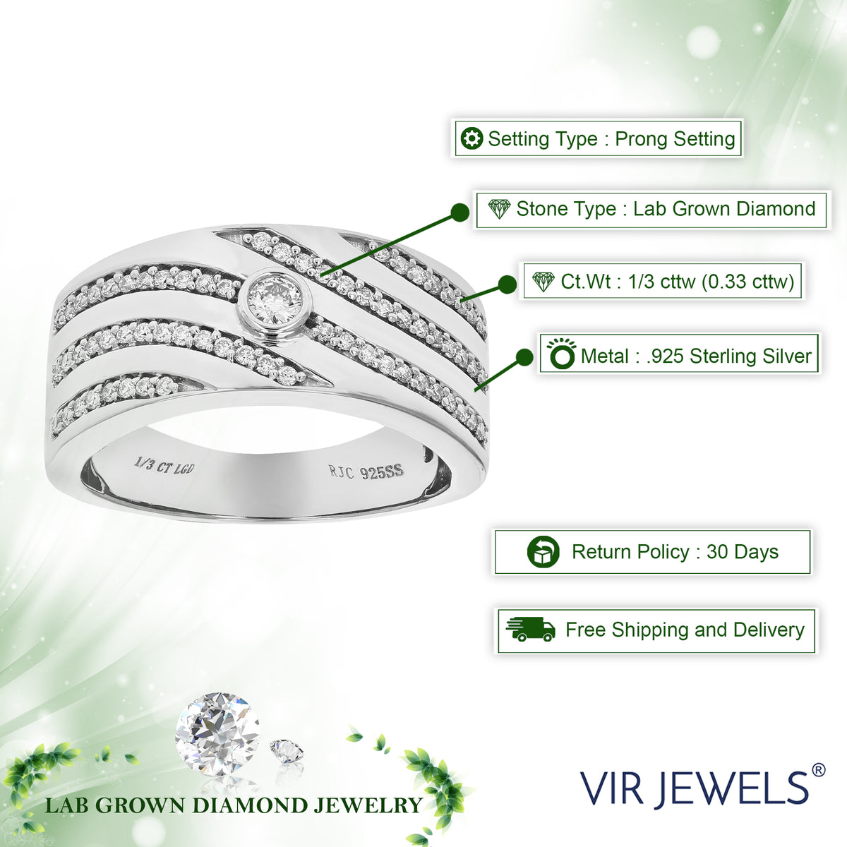 1/3 CTTW Lab Grown Diamond Wedding Band .925 Sterling Silver Size 7 X7376