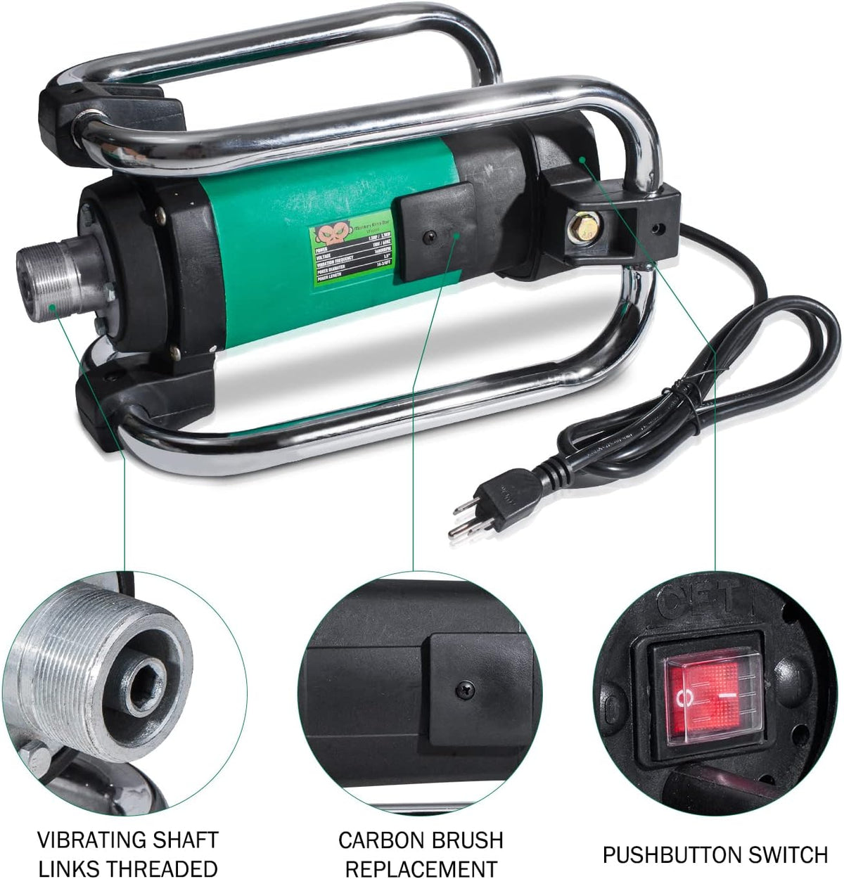 Concrete Vibrator 110V/50HZ 16000RPM with 4.5M Poker, 38MM Diameter Head G60560