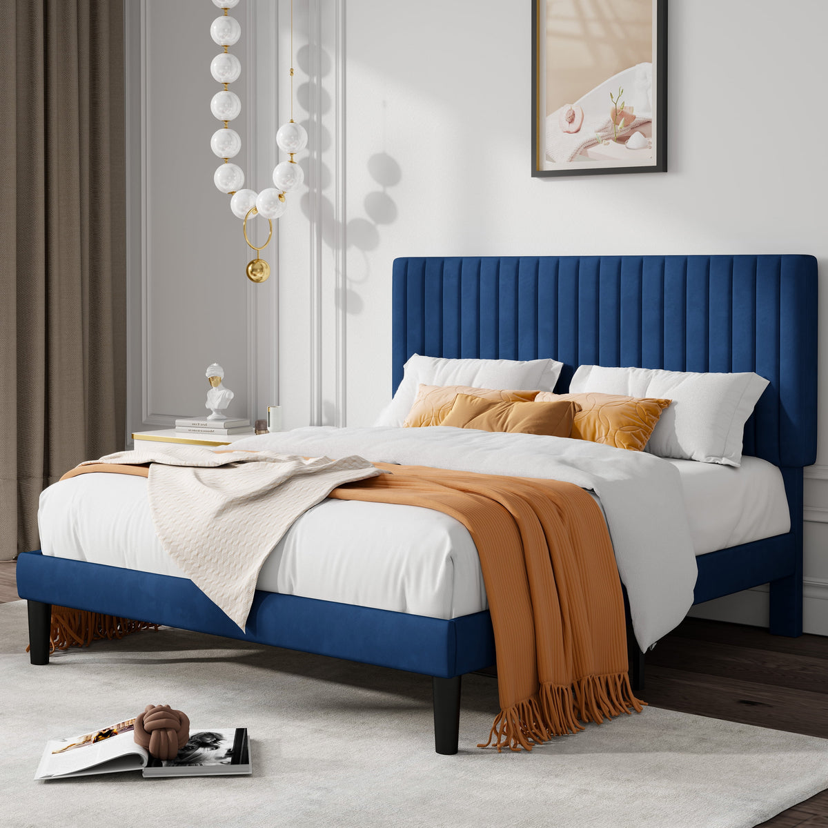 Queen Size Black Velvet Upholstered Platform Bed Frame W138779
