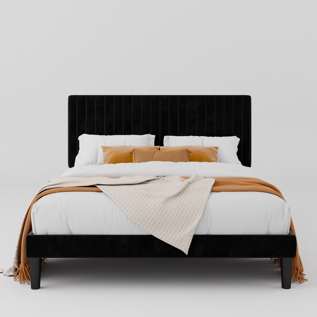 Queen Size Black Velvet Upholstered Platform Bed Frame W138779