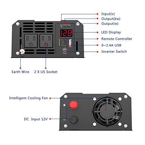 1200W Pure Sine Wave Power Inverter DC 12V to AC 120V with Remote Control USB Port LED Display N10625