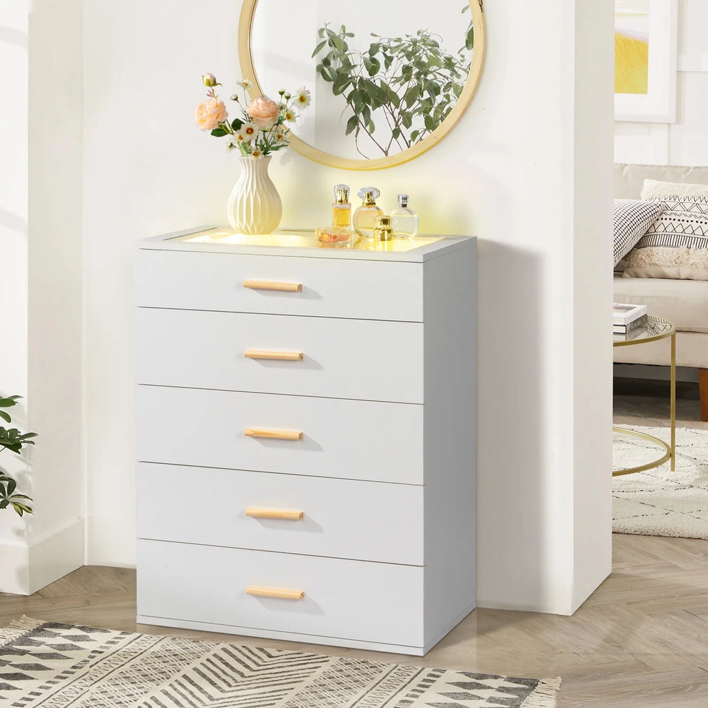 White 5 Drawer Dresser with Tempered Glass Top W83098