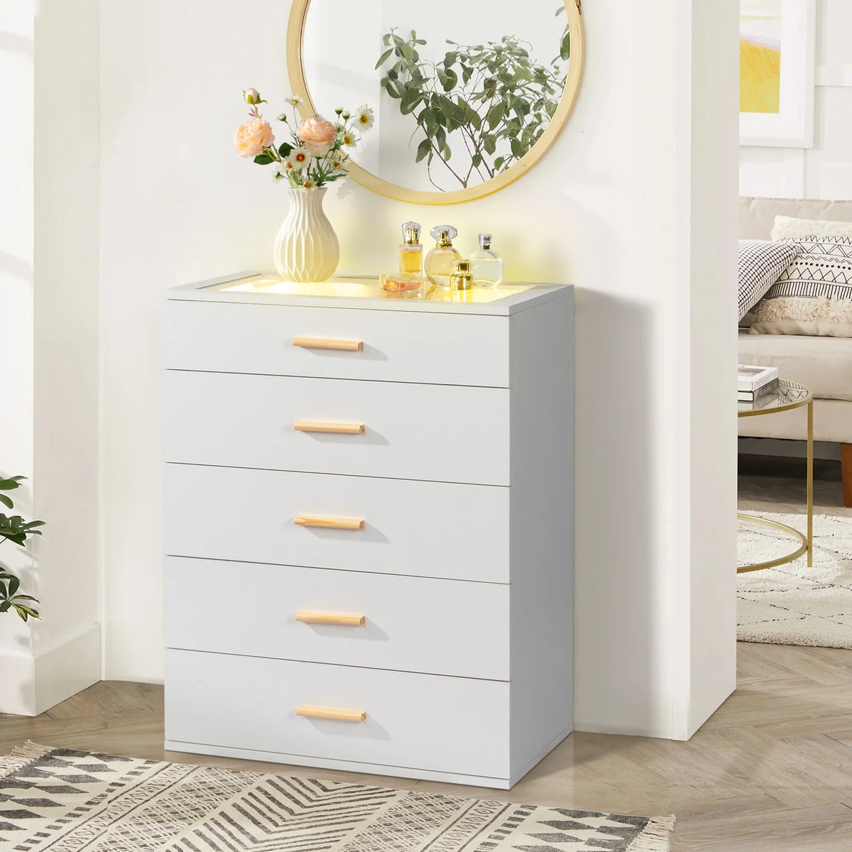 White 5 Drawer Dresser with Tempered Glass Top W83098