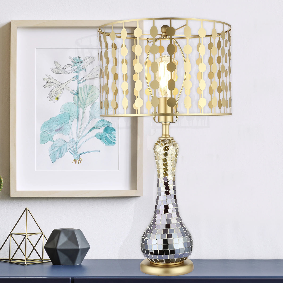Silver and Gold Mirror Mosaic Table Lamp W22582