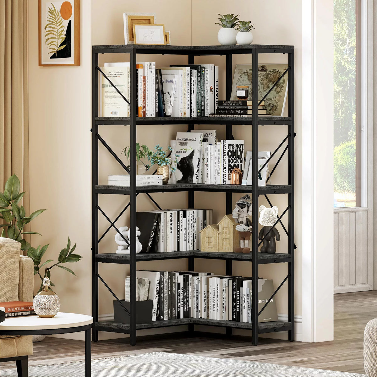 5-Tier L-Shaped Dark Gray Bookcase L3267