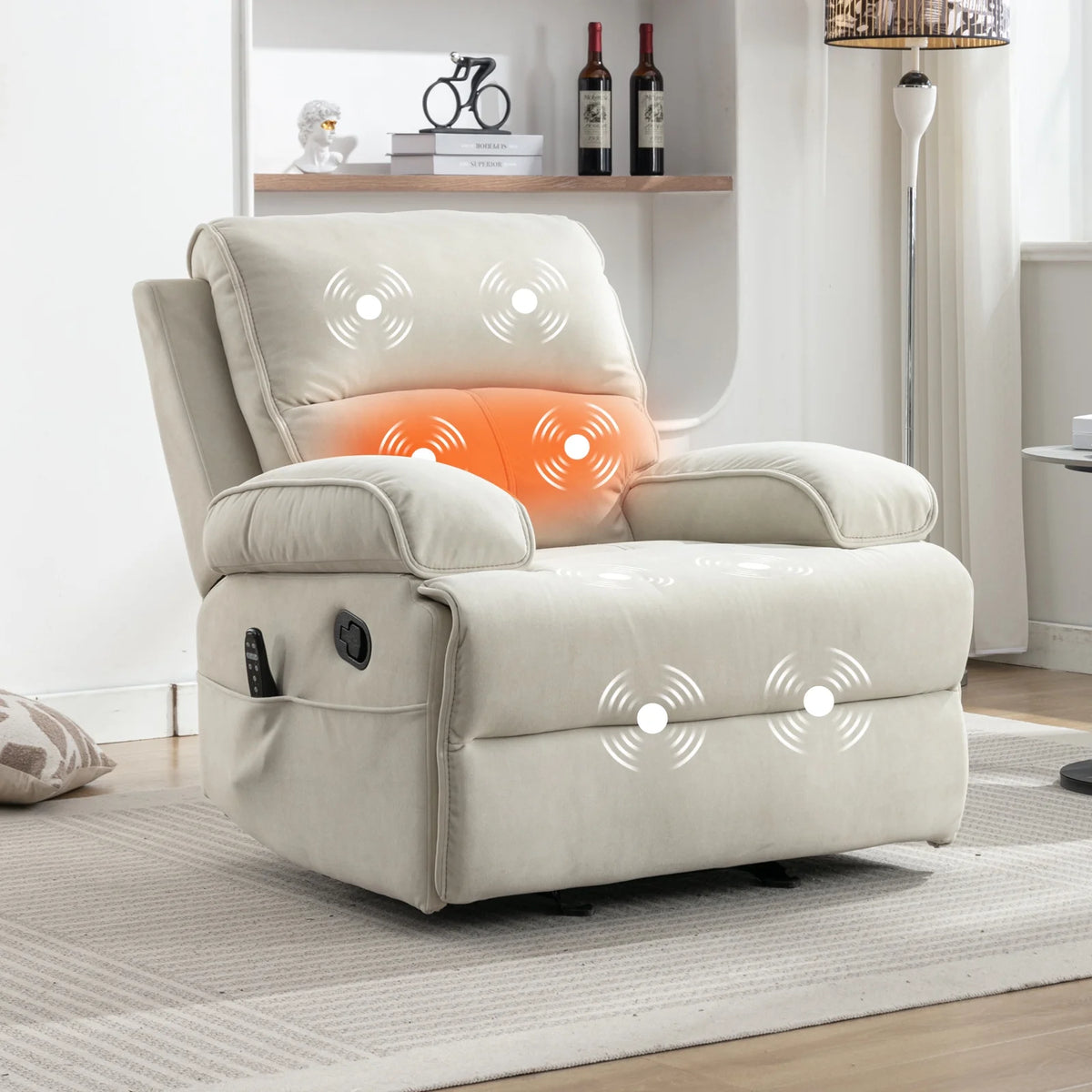 Beige Velour Recliner Chair with Heat Vibration B499
