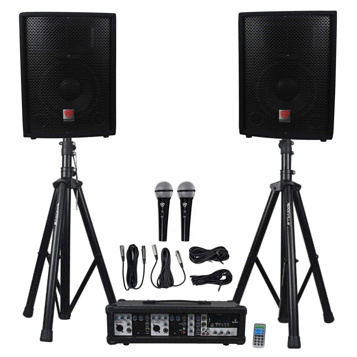 PA System Mixer Amp 10" Speakers Stands Mic Q298