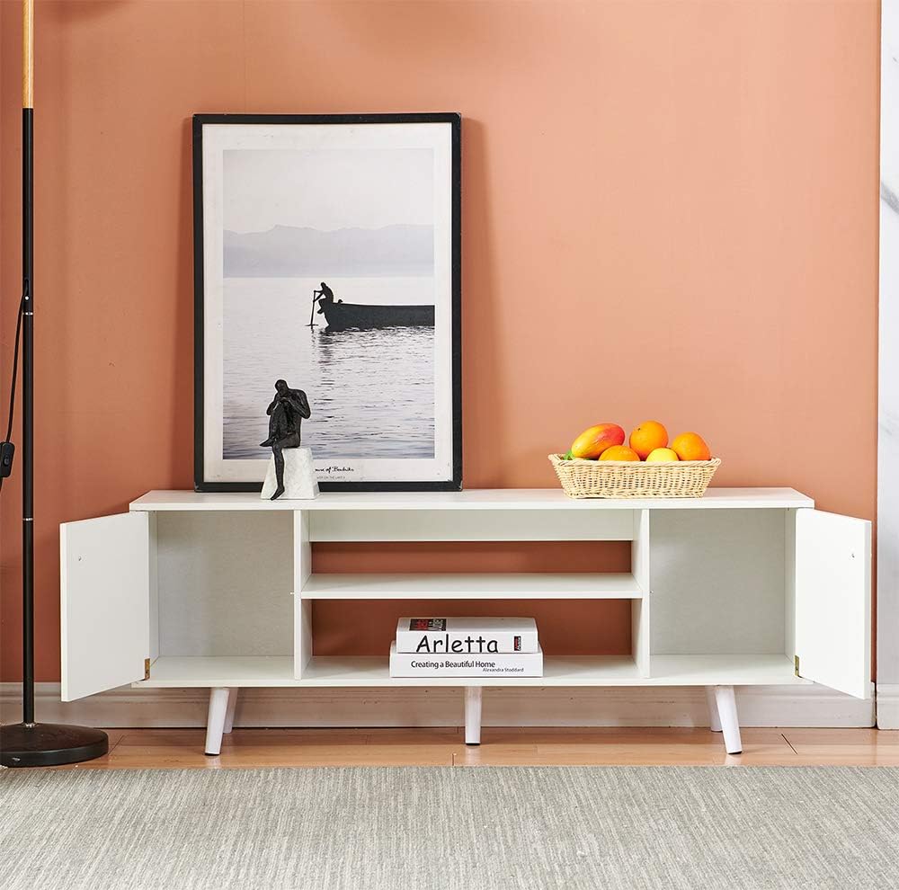 White Wood TV Stand Cabinet with 2 Doors V2417